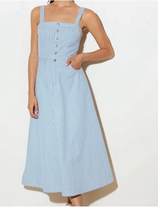 Dresses & Skirts - Blue Striped Square-Neck Midi Dress